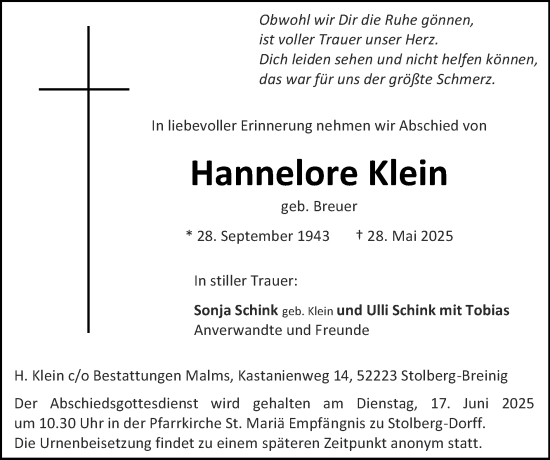 Traueranzeige von Hannelore Klein von Zeitung am Sonntag