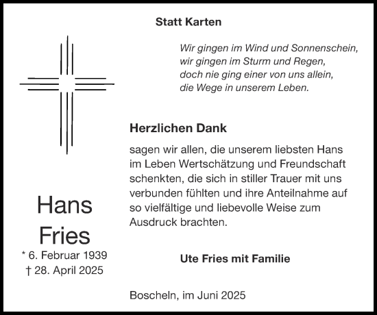 Traueranzeige von Hans Fries von Zeitung am Sonntag