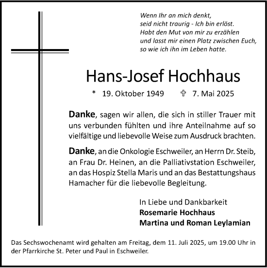 Traueranzeige von Hans-Josef Hochhaus von Zeitung am Sonntag