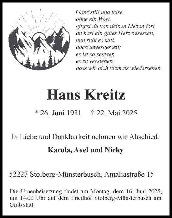 Traueranzeige von Hans Kreitz von Zeitung am Sonntag
