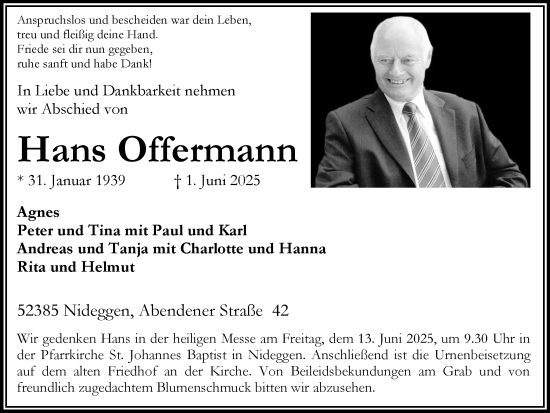 Traueranzeige von Hans Offermann von Zeitung am Sonntag