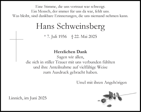 Traueranzeige von Hans Schweinsberg von Zeitung am Sonntag