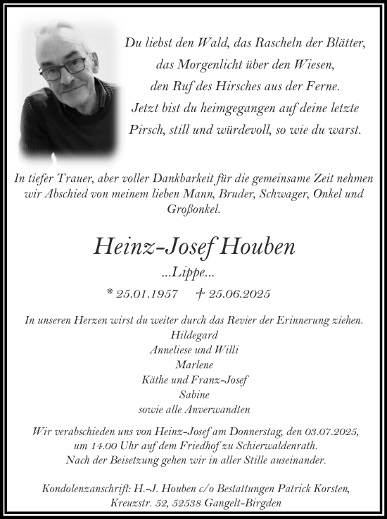 Traueranzeige von Heinz-Josef Houben von Zeitung am Sonntag