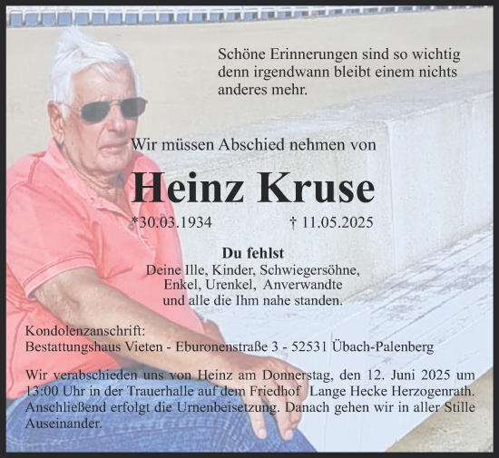 Traueranzeige von Heinz Kruse von Zeitung am Sonntag
