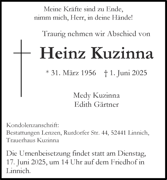 Traueranzeige von Heinz Kuzinna von Zeitung am Sonntag