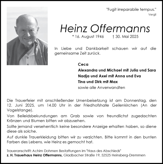 Traueranzeige von Heinz Offermanns von Zeitung am Sonntag