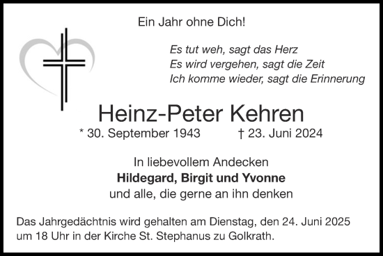 Traueranzeige von Heinz-Peter Kehren von Zeitung am Sonntag