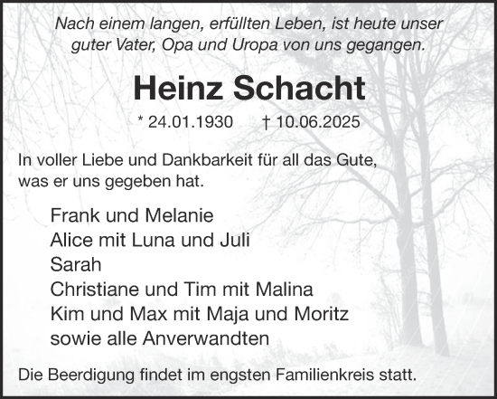 Traueranzeige von Heinz Schacht von Zeitung am Sonntag