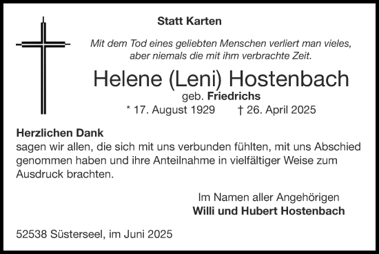 Traueranzeige von Helene Hostenbach von Zeitung am Sonntag