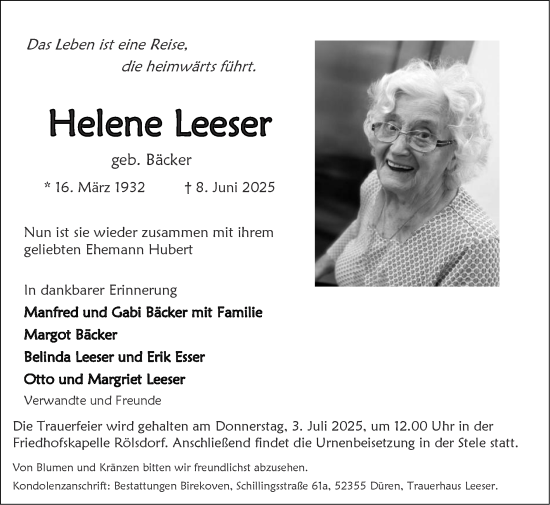 Traueranzeige von Helene Leeser von Zeitung am Sonntag