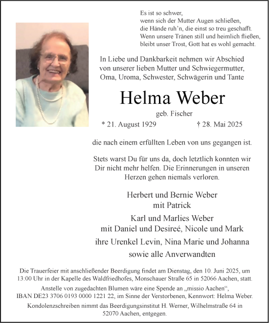Traueranzeige von Helma Weber von Aachener Zeitung