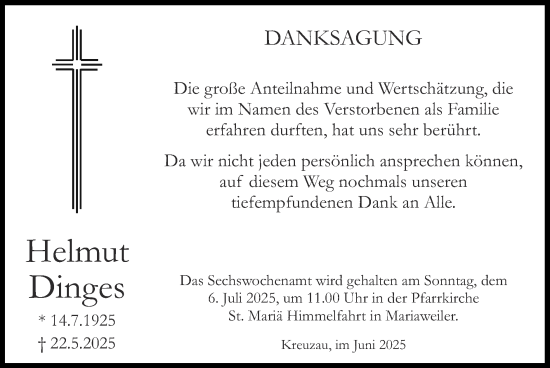 Traueranzeige von Helmut Dinges von Zeitung am Sonntag