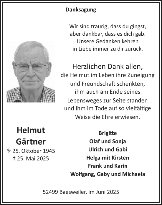 Traueranzeige von Helmut Gärtner von Zeitung am Sonntag