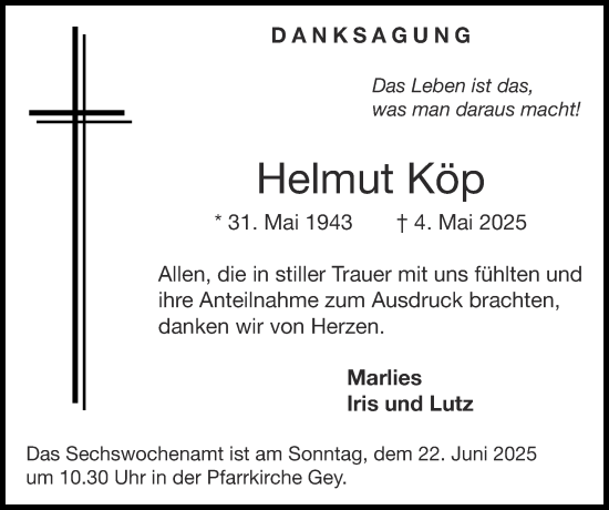 Traueranzeige von Helmut Köp von Zeitung am Sonntag