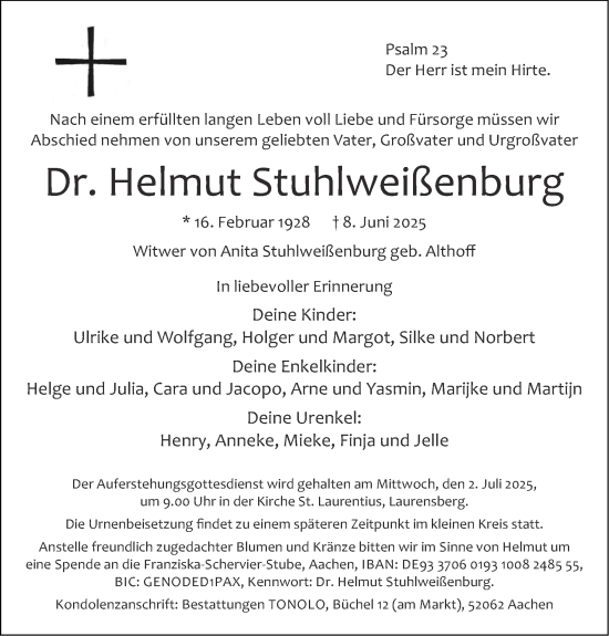 Traueranzeige von Helmut Stuhlweißenburg von Zeitung am Sonntag