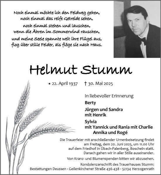 Traueranzeige von Helmut Stumm von Zeitung am Sonntag