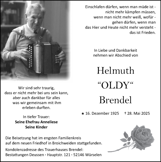 Traueranzeige von Helmuth Brendel von Zeitung am Sonntag