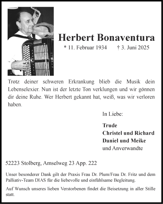 Traueranzeige von Herbert Bonaventura von Zeitung am Sonntag