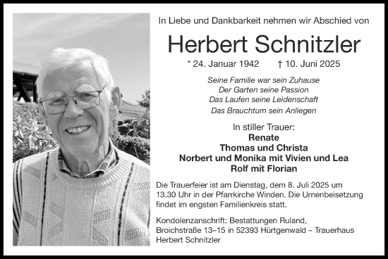 Traueranzeige von Herbert Schnitzler von Zeitung am Sonntag