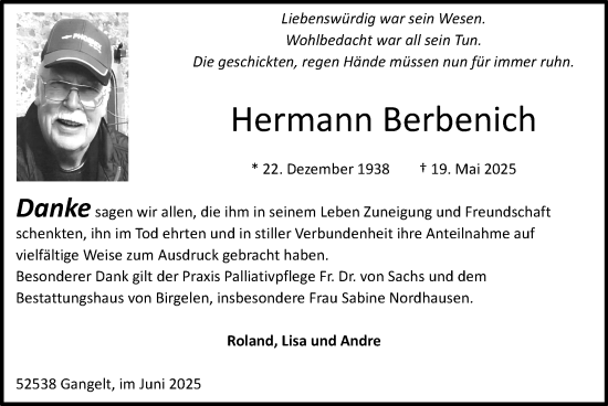 Traueranzeige von Hermann Berbenich von Zeitung am Sonntag