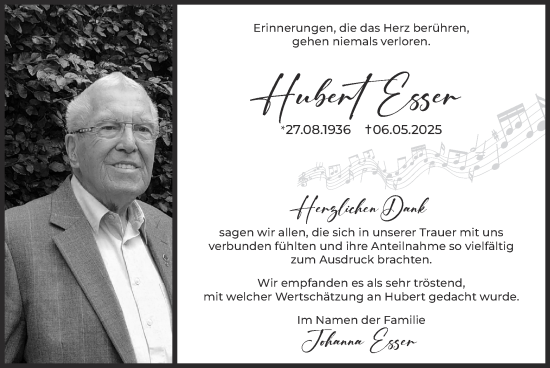 Traueranzeige von Hubert Esser von Zeitung am Sonntag