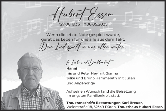 Traueranzeige von Hubert Esser von Zeitung am Sonntag