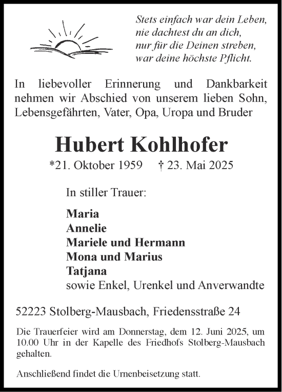 Traueranzeige von Hubert Kohlhofer von Zeitung am Sonntag