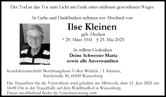 Traueranzeige von Ilse Kleinen von Zeitung am Sonntag