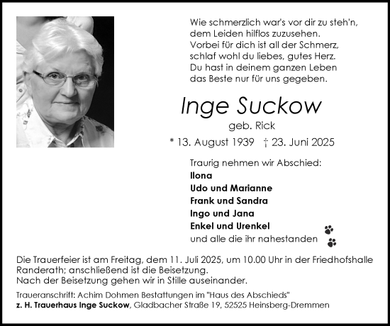 Traueranzeige von Inge Suckow von Zeitung am Sonntag