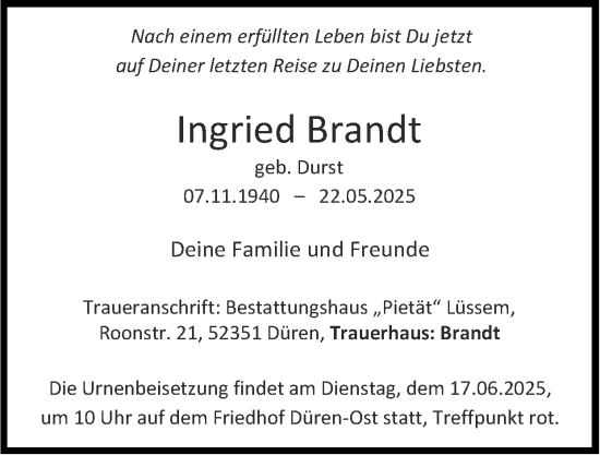 Traueranzeige von Ingried Brandt von Zeitung am Sonntag