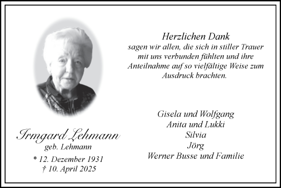 Traueranzeige von Irmgard Lehmann von Zeitung am Sonntag