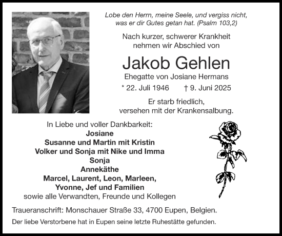 Traueranzeige von Jakob Gehlen von Zeitung am Sonntag
