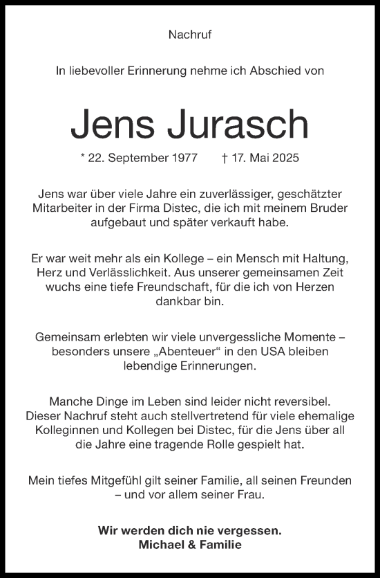 Traueranzeige von Jens Jurasch von Zeitung am Sonntag