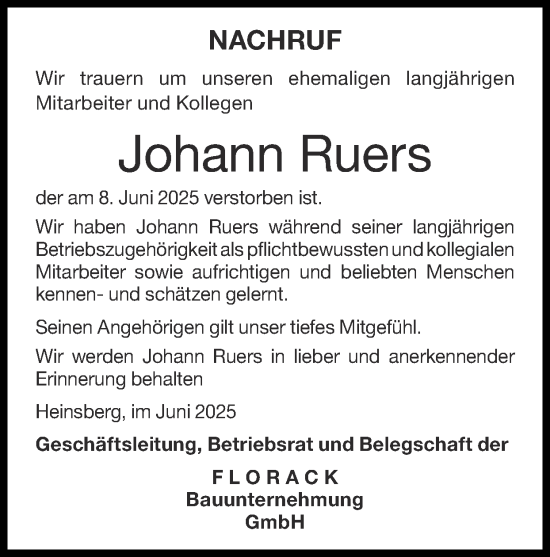 Traueranzeige von Johann Ruers von Zeitung am Sonntag