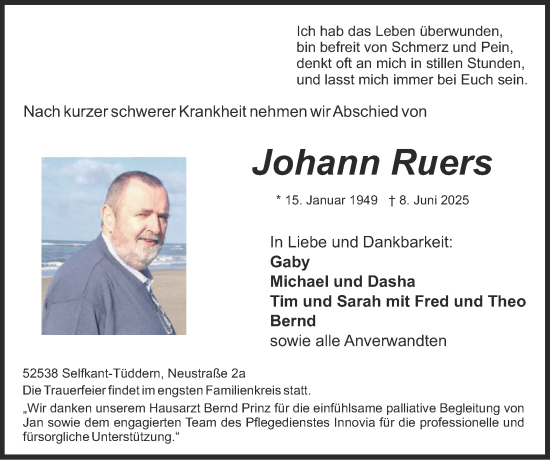 Traueranzeige von Johann Ruers von Zeitung am Sonntag