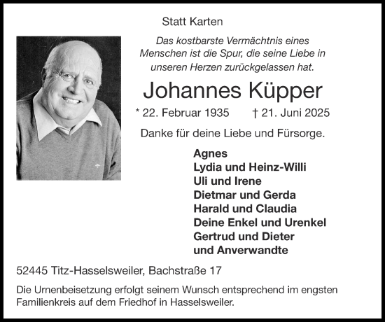Traueranzeige von Johannes Küpper von Zeitung am Sonntag