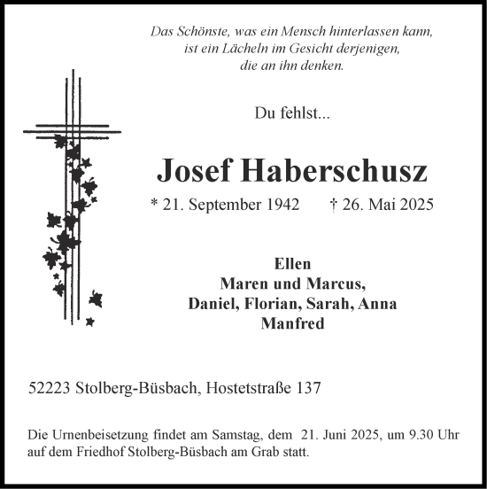 Traueranzeige von Josef Haberschusz von Zeitung am Sonntag