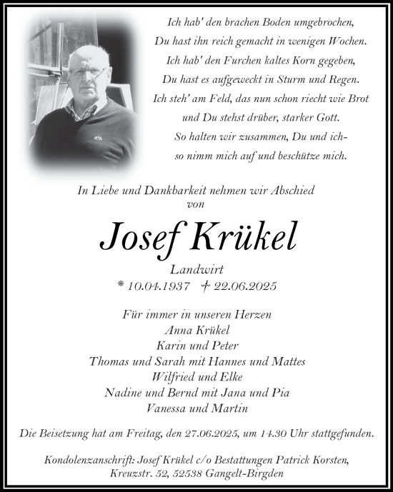 Traueranzeige von Josef Krükel von Zeitung am Sonntag