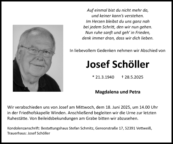 Traueranzeige von Josef Schöller von Zeitung am Sonntag