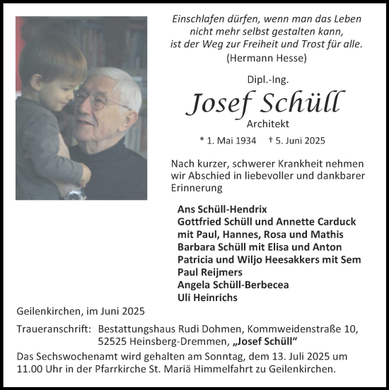 Traueranzeige von Josef Schüll von Zeitung am Sonntag