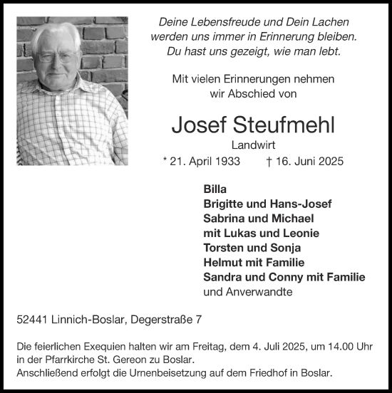 Traueranzeige von Josef Steufmehl von Zeitung am Sonntag