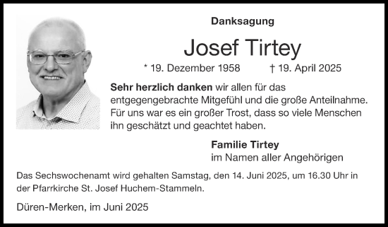 Traueranzeige von Josef Tirtey von Zeitung am Sonntag