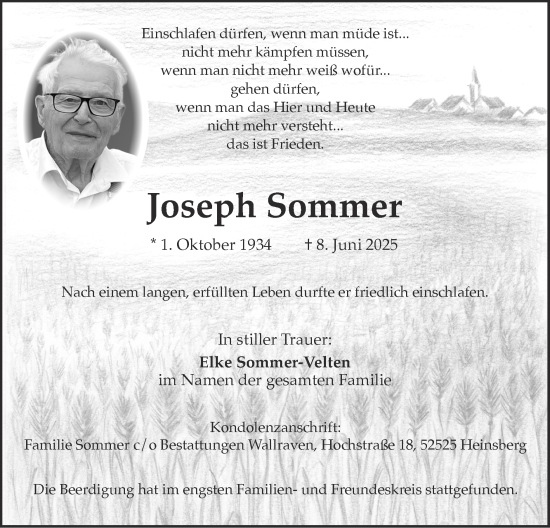 Traueranzeige von Joseph Sommer von Zeitung am Sonntag