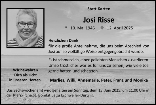 Traueranzeige von Josi Risse von Zeitung am Sonntag