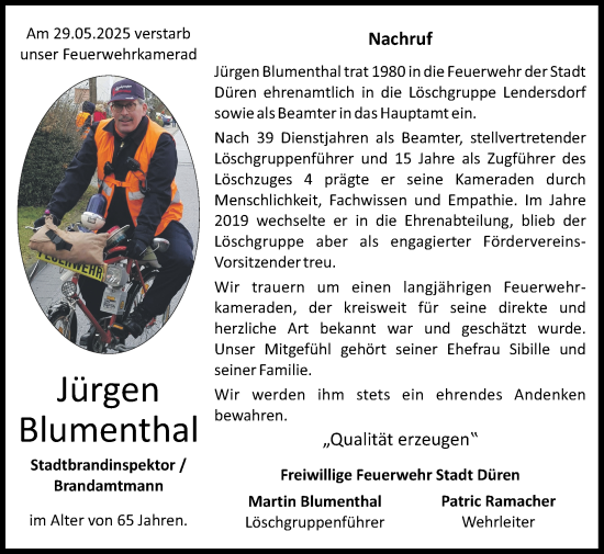 Traueranzeige von Jürgen Blumenthal von Zeitung am Sonntag