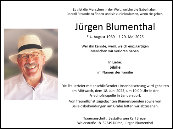 Traueranzeige von Jürgen Blumenthal von Zeitung am Sonntag
