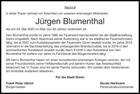 Traueranzeige von Jürgen Blumenthal von Zeitung am Sonntag
