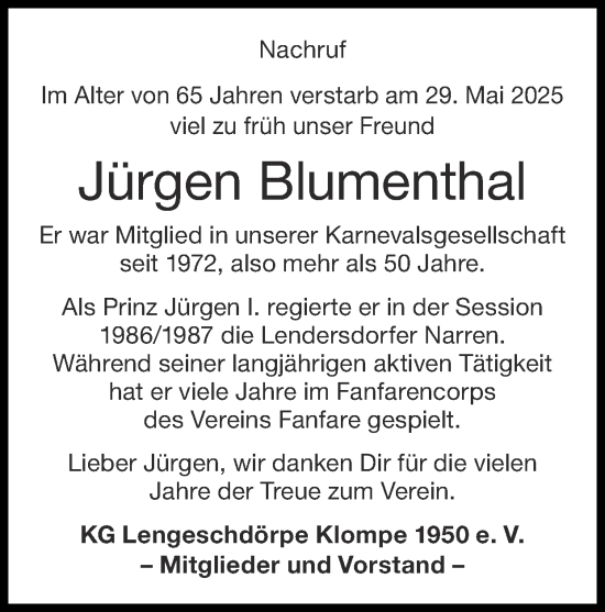 Traueranzeige von Jürgen Blumenthal von Zeitung am Sonntag