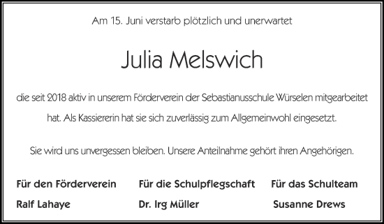 Traueranzeige von Julia Melswich von Zeitung am Sonntag