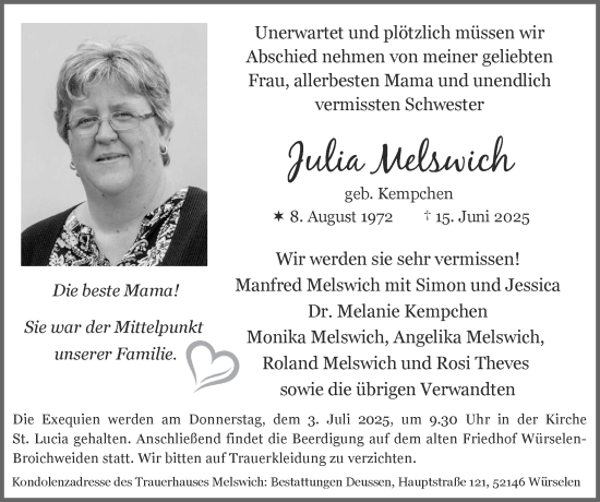 Traueranzeige von Julia Melswich von Zeitung am Sonntag